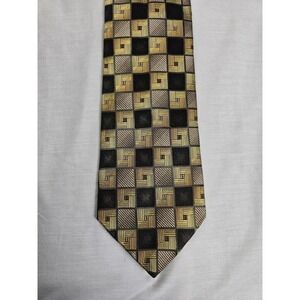 Fratelli Tie Mens Silk Gold‎ Black Geometric Checkered Pattern Made Italy